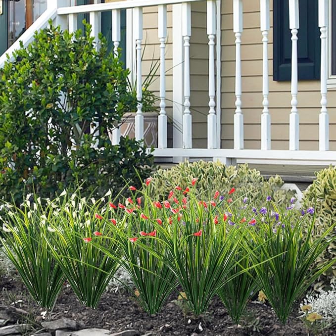 Melorca&Guilla Artificial Plants Outdoor 6PCS 23“ Fake Tall Grass,Fake Outdoor Plants,Faux Plants with Flowers for Garden Porch Window Box Shop Office Home Décor