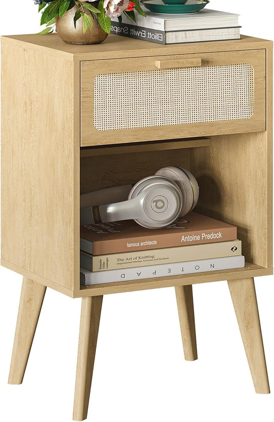 Rattan Nightstand with Opening Storage,Boho Bedside Table with Drawer,Wood Nightstand with Solid Wood Legs,End Side Table for Living Room,Bedroom,Small Space Natural CTG62Y