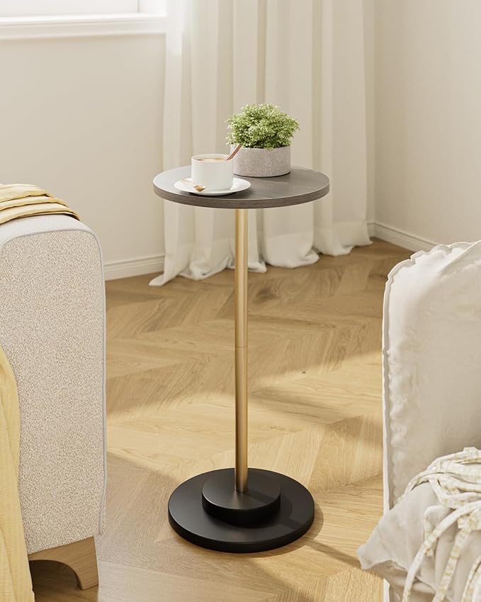 Masupu Drink Table, Round Side Table for Small Spaces, Pedestal Side Table, Small End Table with Metal Base, for Living Room, Bedroom, Bathroom, Grey