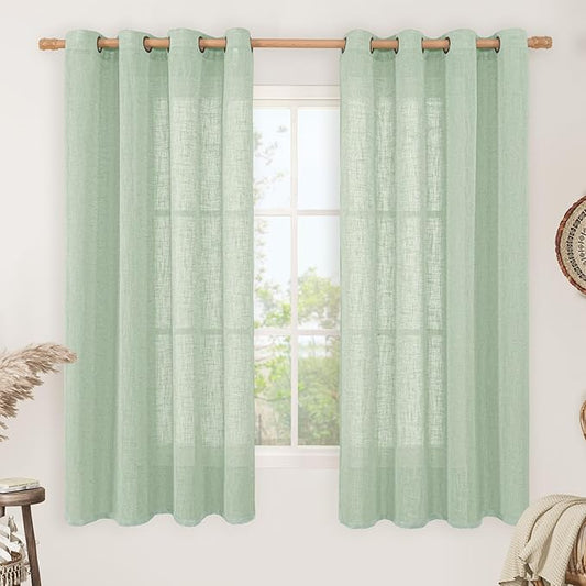 LAMIT Sheer Linen Curtains 63 Inch for Bedroom, Light Filtering Neutral Semi Sheer Farmhouse Boho Curtains Bronze Grommet Living Room Panels, Fresh Green, 2 Panels, 52 x 63 Inch