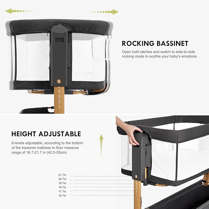 Baby Bassinet Bedside Sleeper,3-in-1 Rocking Bassinet for Baby with 6-Level Height Adjustable, 4 Wheels & Breathable Mesh Walls, Portable Bedside Crib with Mattress for Newborn