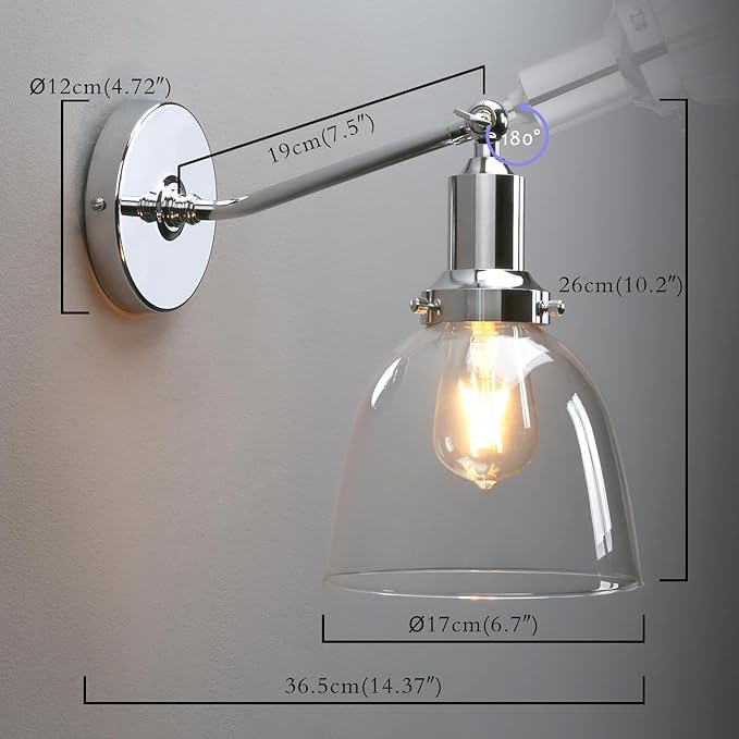 PERMO Industrial Vintage Wall Sconce Chrome Wall Sconce with 6.7" Oval Dome Clear Glass Shade Light Lamp Fixture
