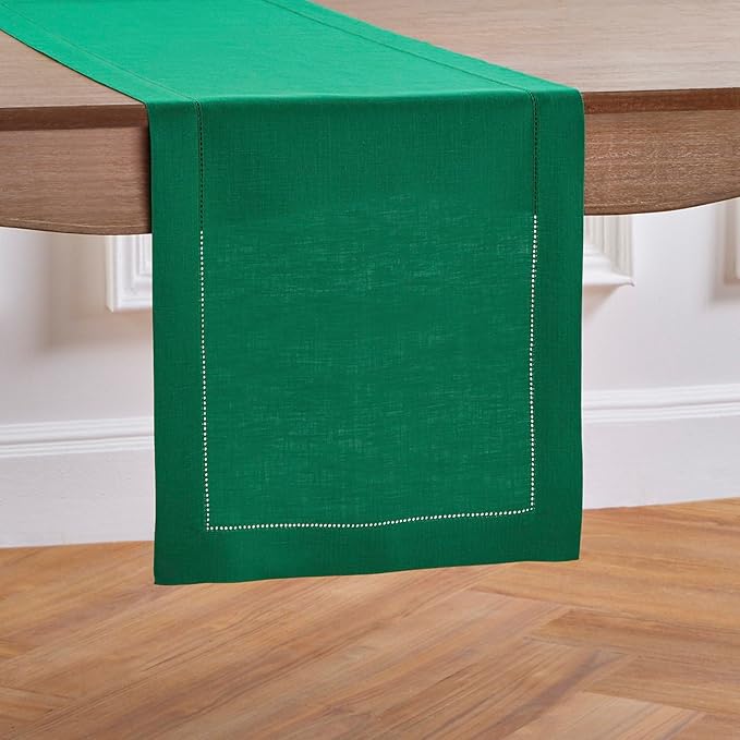 Solino Home Linen Hemstitch Table Runner 120 Inches Long - 100% Pure Linen Emerald Green Table Runner 14 x 120 Inch - Classic Hemstitch