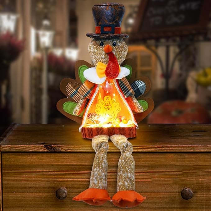 Lighted Christmas Doll, Plush Light Up Christmas Doll Toy Holiday Present, Battery Operated Xmas Gifts Winter Mantle Tabletop Decor (Brown Thanksgiving Turkey 16in)