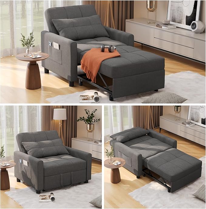 Noelse Convertible Futon Sofa Bed, 3-in-1 Multi-Functional Sleeper Chair Bed, Adjustable Backrest Recliner with Modern Linen Fabric for Living Room Bedroom Apartment Small Space, Dark Grey