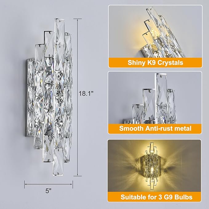 Modern Chrome Crystal Wall Sconce Light Fixtures, Wall Mount Lamps for Bedroom Living Room Bathroom Vanity Mirror