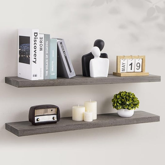 Axeman Floating Shelves for Wall, 8 Inch Deep Rustic Solid Elm Wood Wall Shelves for Storage, Wall Mounted Display Shelving with Invisible Heavy-Duty Metal Bracket, 36'' Width Set of 2, Grey