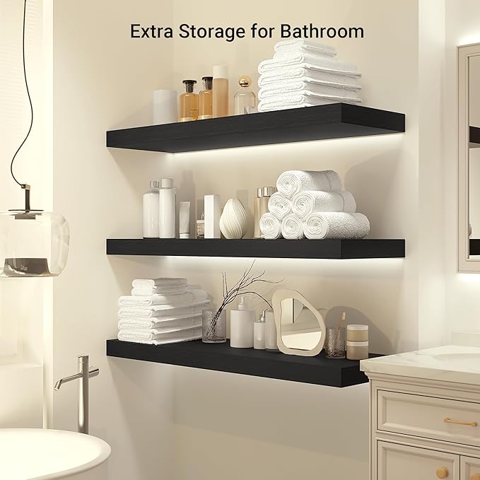 Heimlove 12 Inch Deep Floating Shelves, 48 x 12 inches Long Wall Shelf, Large Display Shelf & Storage Shelf, Rustic Wood Wall Shelves for Fireplace Mantel, Set of 1(Black)