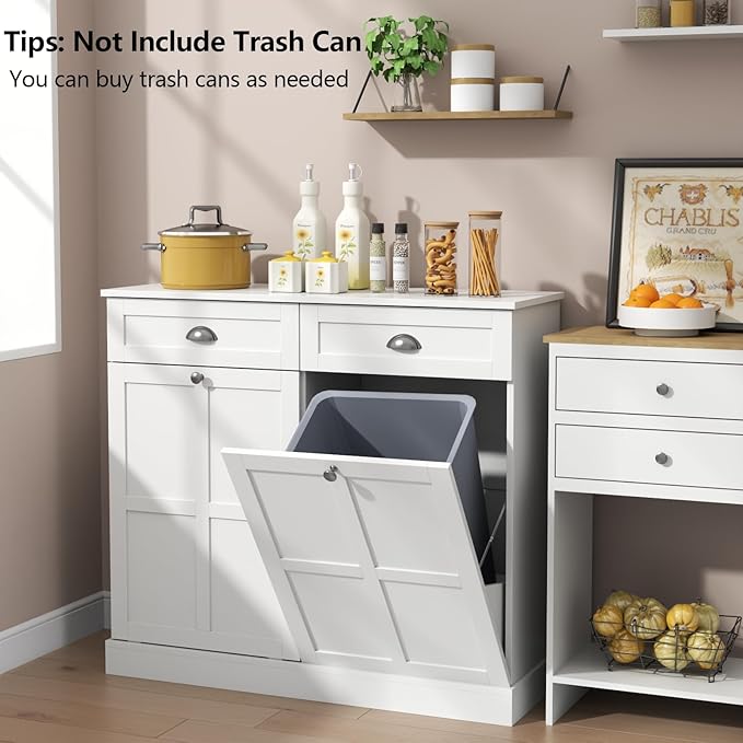 Loomie Double Tilt Out Laundry Hamper Cabinet, Hidden Laundry Cabinet with 2 Drawers & 2 Baskets, 30 Gallon Trash Can for Bathroom, Kitchen, White