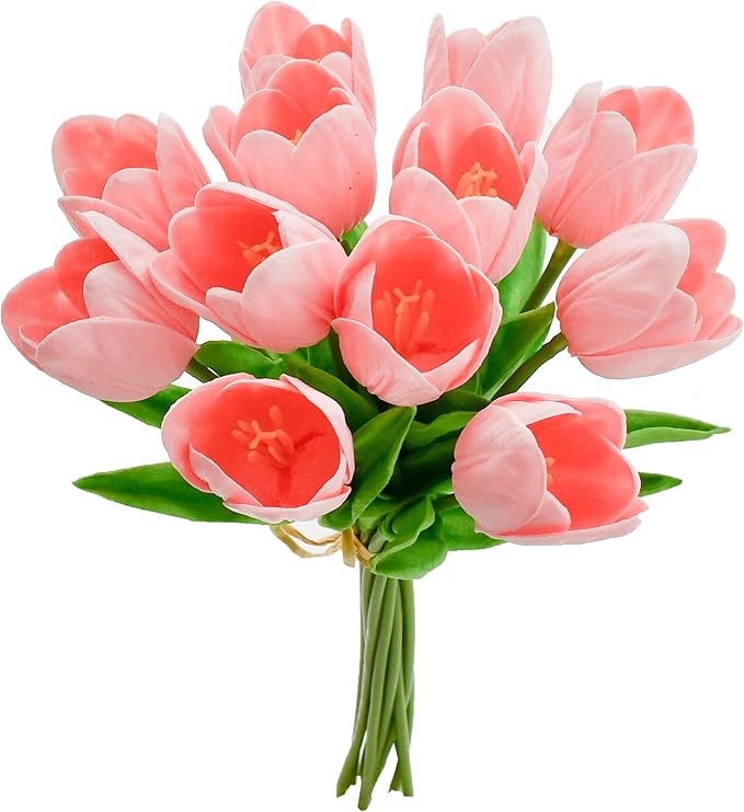 Mandy's Artificial Tulips 12 Stems Light Pink Partially Open PU Faux Flowers for Wedding Home Decor 13.5 Inch