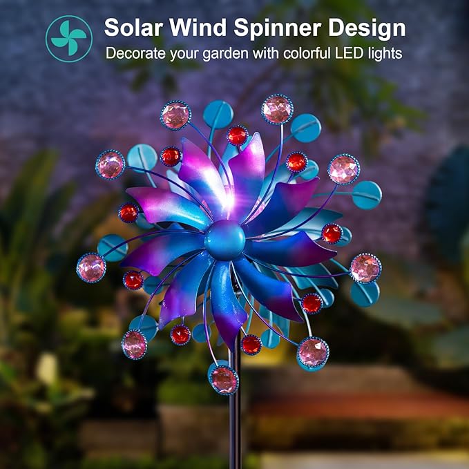 Solar Wind Spinner, 60.63 Inch Outdoor Metal Stake Yard Spinners, Solar Powered Multi-Color LED Glass Ball with Kinetic Wind Sculpture Spinner Windmills for Outdoor Lawn & Garden Decoration