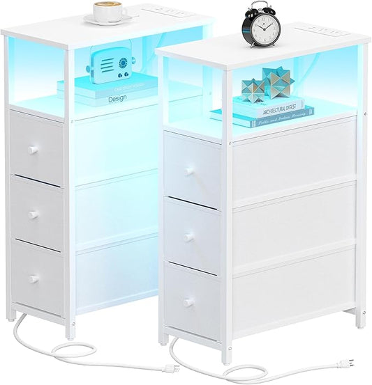 TUTOTAK Narrow LED Night Stand with Charging Station, Slim End Table with Plugins, Tall Side Table with 3 Fabric Drawer, Small Bedside Table with Storage, Set of 2, for Living Room, White TB01BW073L