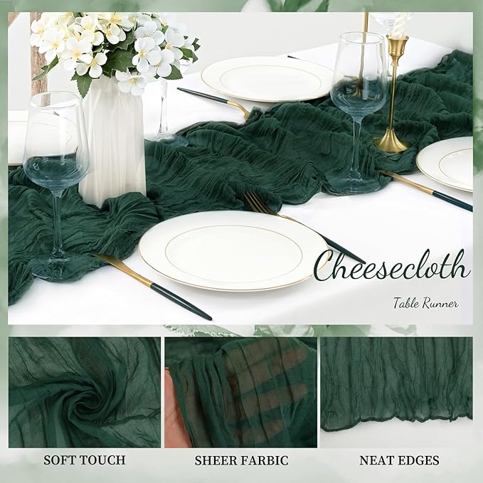 Emerald Green 6 Pack Cheesecloth Table Runner 10FT Boho Fabric Rustic Cheese Cloth Table Runner for Wedding 20 x 120 Inch Long Bridal Shower Baby Shower Gauze Sheer Birthday Party Table Decorations