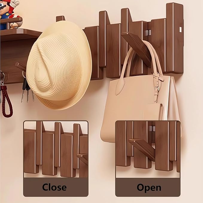 Wall Mounted Piano Key Hanger | Flip Style Hook | Entrance Wall Art Hook, Made of Oak Wood (3 Times Painted, 4 Times Polished) (Fence Walnut, 10Hooks)