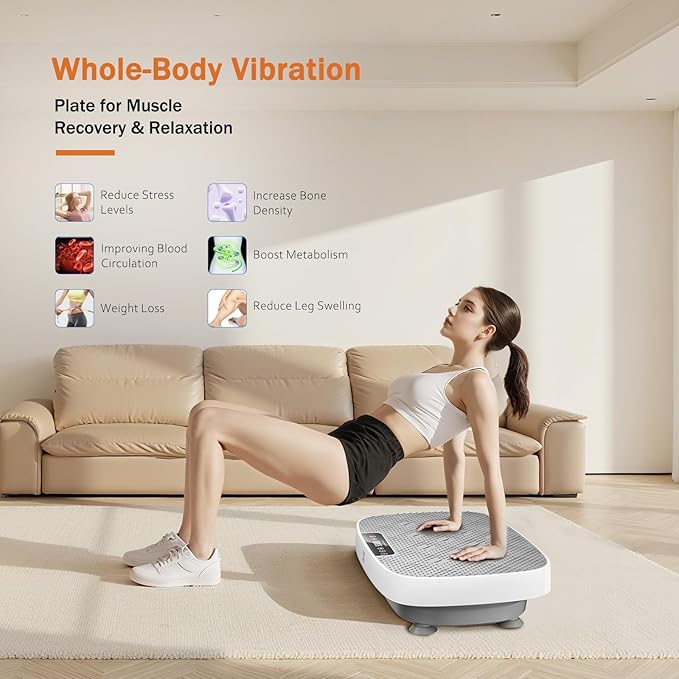 Vibration Plate Exercise Machine, Ultra-Quiet Vibration Plate for Lymphatic Drainage & Body Toning, Whole Body Vibration Platform with Bluetooth, Resistance Bands, Home Gyms Equipment