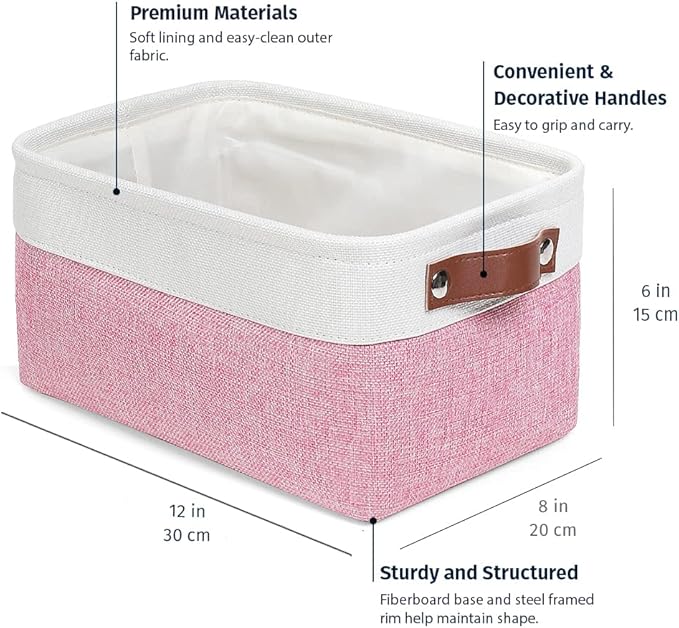 OrganiHaus Small Fabric Storage Baskets for Shelves 6 Pack, 12x8in Closet Storage Bins for Shelves, Cloth Baskets for Organizing, Linen Closet Organizers, Fabric Basket, Pink/White