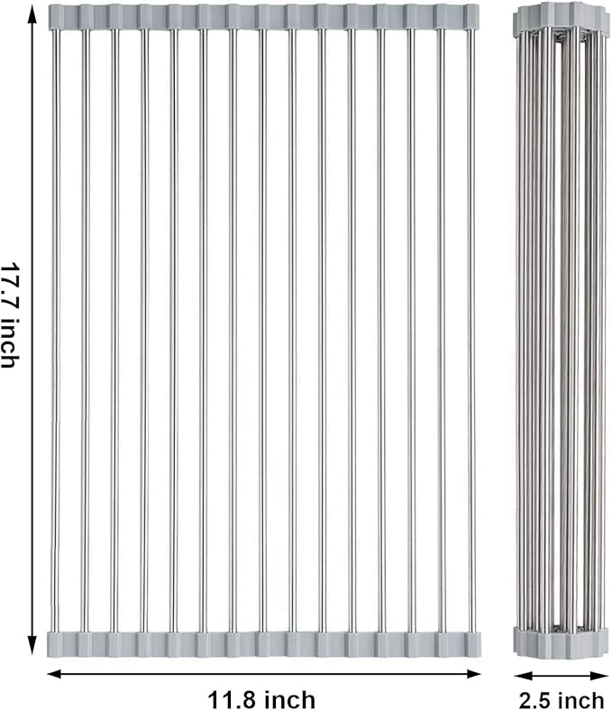 Searik Over The Sink Dish Drying Rack, Roll up Sink Dish Drainer Rack Foldable Kitchen Stainless Steel Dish Rack Sink Drying Rack (17.7"x 11.8")