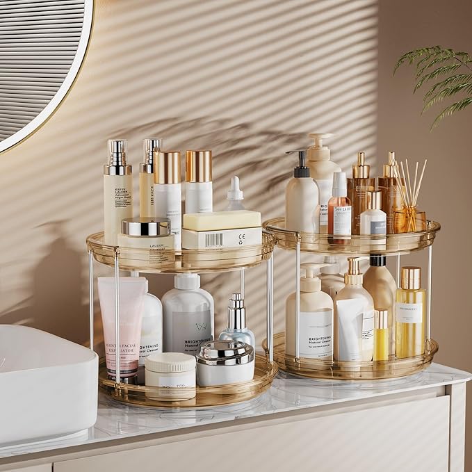 LAMU 2 Pack 2 Tier Lazy Susan Turntable Organizer 9.25'' Rotating Spice Rack Organization for Cabinet, Kitchen, Pantry, Countertop, Bathroom, Vanity, Medicine Cabinet Organizer, Amber