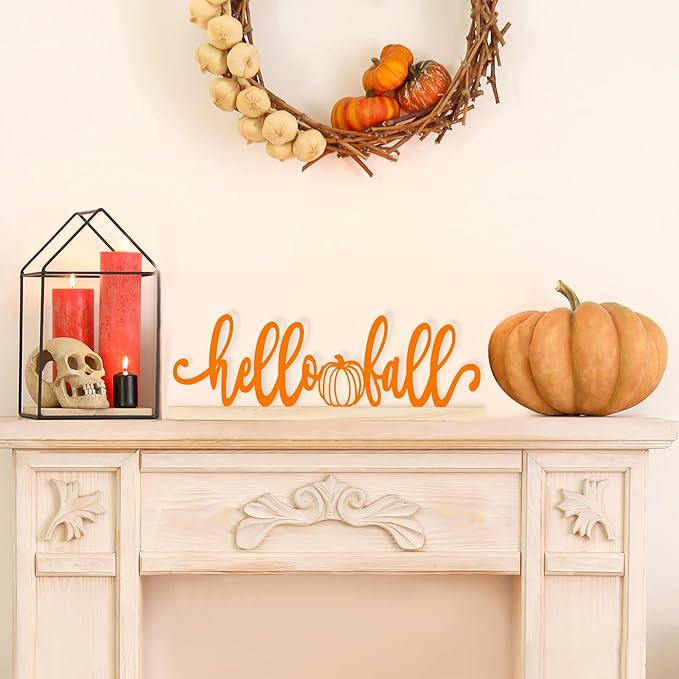 COCHIE Metal Hello Fall Sign, Orange Fall Decorations for Home, Office, Shelf, Mantel, Indoor, Autumn Decoration, Pumpkin Decor (Autumn B)