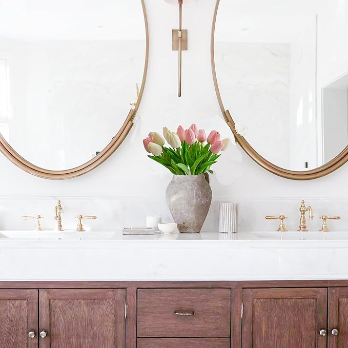 Mandy's Artificial Tulips 20 Stems White and Light Pink PU Faux Flowers for Wedding Home Decor 13.5 Inch