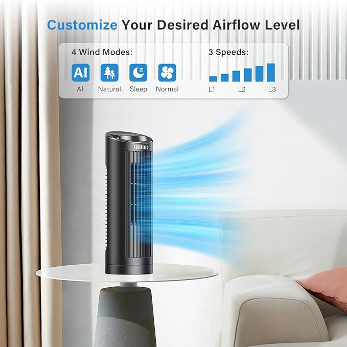 Tower Fan Bladeless with 3 Speeds, 4 Mode [AI, Normal, Natural, Sleep], Table Fan 80° Oscillation, Touch Screen + Remote Control, 12H Timer, 13" Desk Fan for Bedroom Home Office Desktop-Black