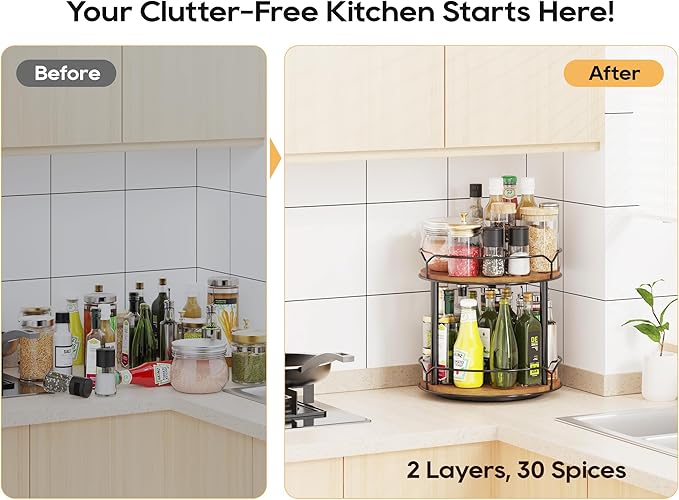 Lazy Susan Organizer 2 Tier - Turntable Spice Rack for Table Top, Wooden Rotating Lazy Susan for Cabinet Pantry Kitchen Countertop Dining Table Cupboard Bathroom Vanity Storage