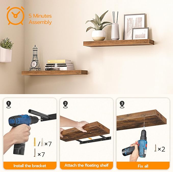 HOOBRO Floating Shelves for Wall, Wall Mounted Shelf Set of 2, 23.6" Hanging Shelf with Invisible Brackets, for Wall in Bathroom, Bedroom, Toilet, Kitchen, Living Room, Office, Rustic Brown BF60BJ01