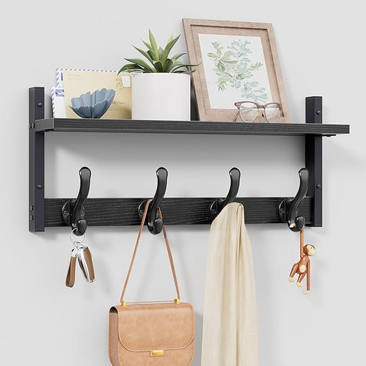 Tatub 20" Rustic Coat Rack Wall Mount with Shelf, Wall Hooks with Shelf, Heavy Duty Entryway Organizer Hangers for Hanging, Hat, Bag, Jacket for Bathroom, Living Room, Bedroom, Black