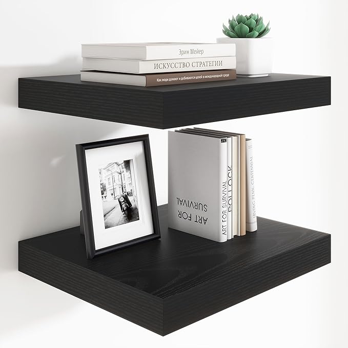 Heimlove 12 Inch Deep Floating Shelves, 16 x 12 inches Long Wall Shelf, Large Extra Display Shelf & Storage Shelf, Rustic Wood Wall Shelves for Fireplace Mantel, Black - 2Pack