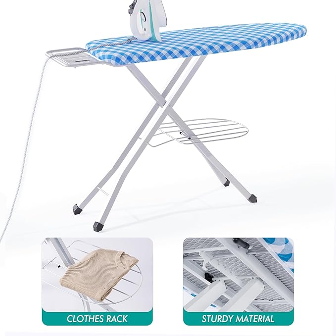 Ironing Board, Heat Resistant Cover Iron Board with Steam Rest, Non-Slip Foldable Ironing Stand. Heavy Sturdy Metal Frame Legs Iron Stand(13 * 34 * 53 Inches) (Blue White)