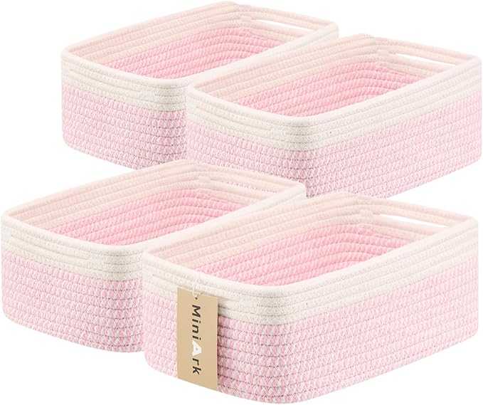 Small Storage Baskets for Organizing | Closet Organizer Bins | Shelf Toy Basket | Woven Rope Baskets | Cube Decorative Box | Shallow Basket | 13x8.5x5.1” | 4 Packs White Pink
