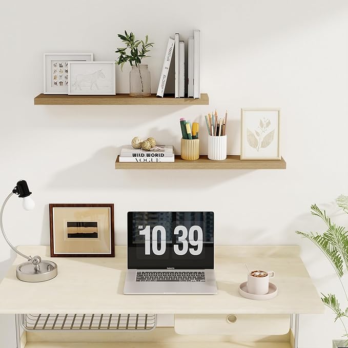 Fun Memories 30" Rustic Wood Deep Floating Shelves for Wall, Invisible Brackets for Decor & Storage, Living Room, Bathroom (Oak, Set of 2)