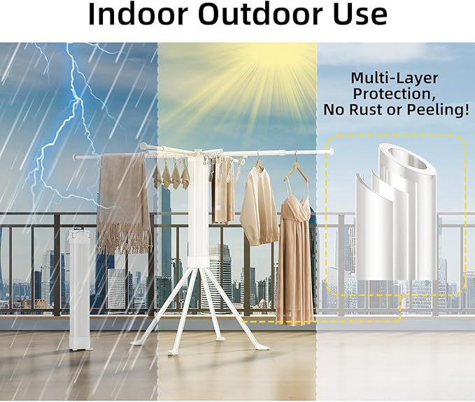 BIREN Clothes Drying Rack Foldable Extending Laundry Rack with 16 Clips Collapsible Clothing Rack Space-Saving Clothing Racks for Hanging Clothes, Indoor, Camping, Balcony, Outdoor