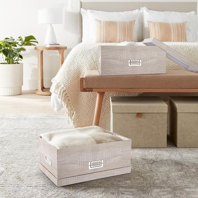 Briful Set of 2 Rustic Wood Grain Storage Boxes with Lids – Stackable Rectangular Organizer Bins, 14'' + 13'' Set Decorative Storage Containers for Bedroom, Living Room, Gifts