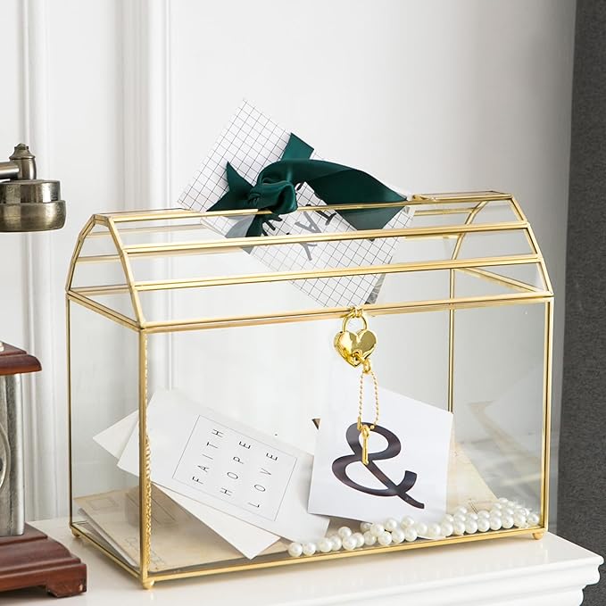 Wedding Card Box with Slot, 12.2'' Large Glass Card Boxes for Reception, Gold Card Holder, Clear Decorative Storage Box with Lock for Baby Shower, Birthday Party, Christmas, Bridal Shower