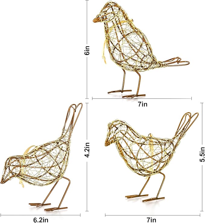 Artisan Handmade Gold-Wire Woven Bird Statues Trio Table Decor- Modern Farmhouse Shelf Decor with Hanging Chain, Multi-Pose Metal Bird Figurines for Home Office & Holiday Display
