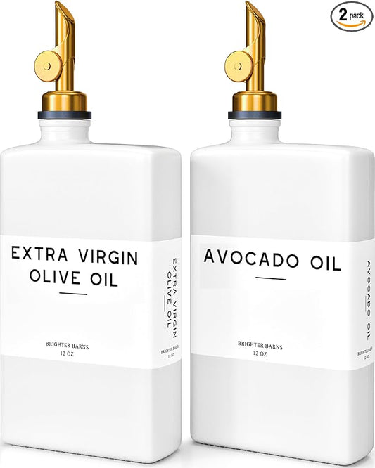 White Glass Olive Oil Dispenser Bottle for Kitchen by Brighter Barns - Avocado Oil Dispenser Set, Vanilla Syrup Bottle - Modern Decor, Gold Kitchen Accessories for Home, Airbnb, Cafe (White, Set of 2)