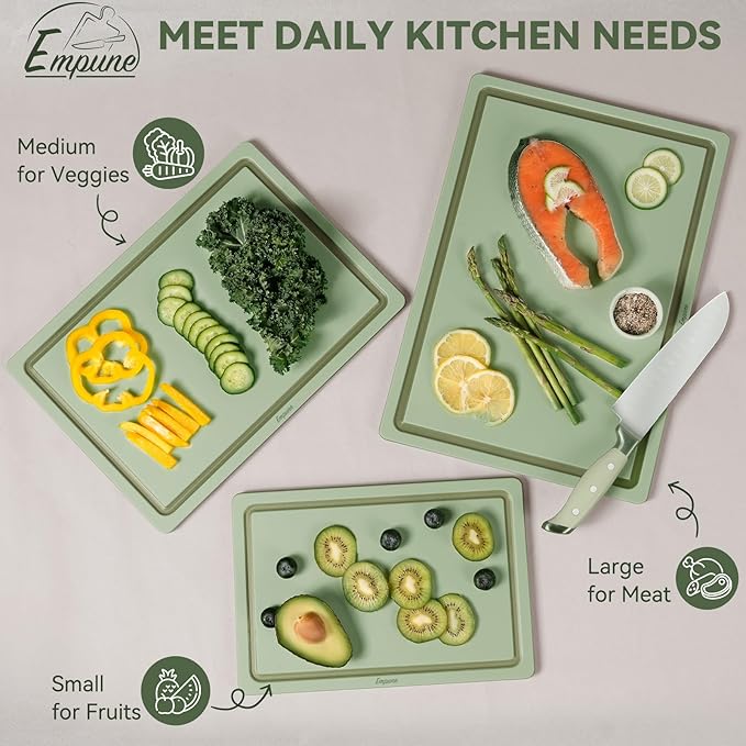 Empune Plastic Cutting Board Set, Recycled Plastic Cutting Boards for Kitchen (Set of 3), Dishwasher Safe Large Chopping Board with Holder, Non-slip Feet and Juice Grooves, Nonporous, Green