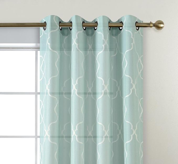 MIUCO Moroccan Embroidered Semi Sheer Curtains Linen Look Grommet Panels for Bedroom 52 x 95 Inch 2 Panels, Subtle Green