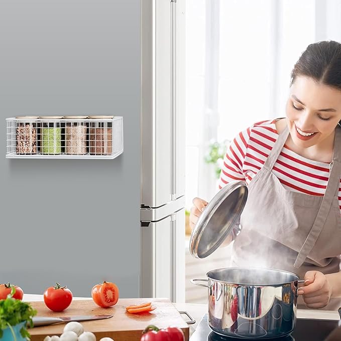 Magnetic Stotage Basket, Magnetic Shelf for Fridge, Magnetic Spice Rack Wire Mesh Magnetic Organizer Holder Accessories for Office Kitchen Classroom Storage,White, 9.44" x 4" x 3.14"