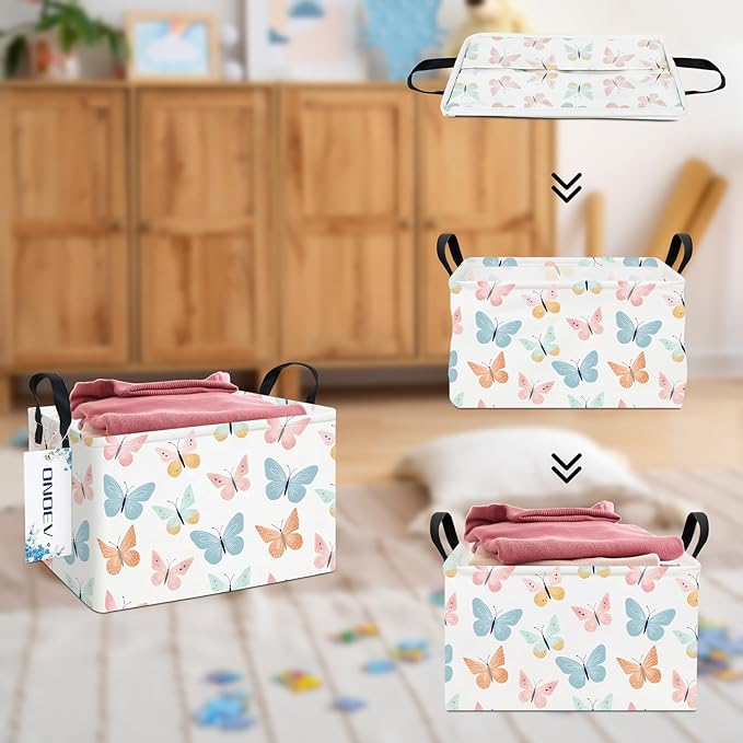 Rectangular Folding Laundry Basket,waterproof Canvas Basket,gift basket,Suitable for children's room,Office,Clothes,Toys Storage(Colorful butterfly)