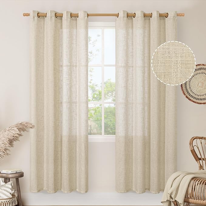 LAMIT Semi Sheer Linen Curtains for Living Room, 80 Inch Length Light Filtering Panels Bronze Grommet Faux Linen Textured Window Drapes for Bedroom/Porch, Linen, 52 x 80 Inch, 2 Panels
