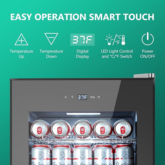 101 Cans Compressor Beverage Refrigerator, 17 Inch Drink Fridge with Glass Door, Adjustable Removable Shelves, Quiet Operation, Temp Memory, Beer Cooler for Soda, Beer, Water, Home Bar, Office