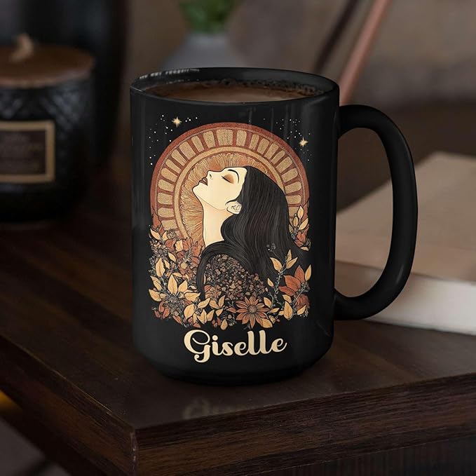 Elegant Woman Coffee Mug with Custom Name, Autumn Themed Ceramic Cup 11oz 15oz, Unique Fall Inspired Black Mug for Women, Personalized Women's Day Coffee Cup, Gifts for Holiday