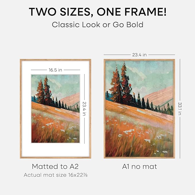Homeforia A1 Poster Frame Natural Wood, High End Oak 23.4 x 33.1 Large Wooden Picture Frames Matted to 16.5 by 23.4 for Photo, A1 Size Light Wood Frames with Mat A2, Tempered Glass, Wall Kit, Set of 1