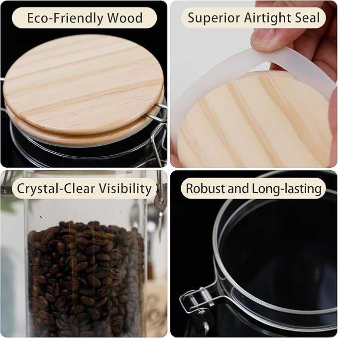 Glass Storage Jars Set Elegant Containers with Airtight Bamboo Lids, Perfect for Kitchen Organization - Flour, Rice, Pasta, Sugar, Coffee Beans, Accessories Included (Coffee Jar x 2)