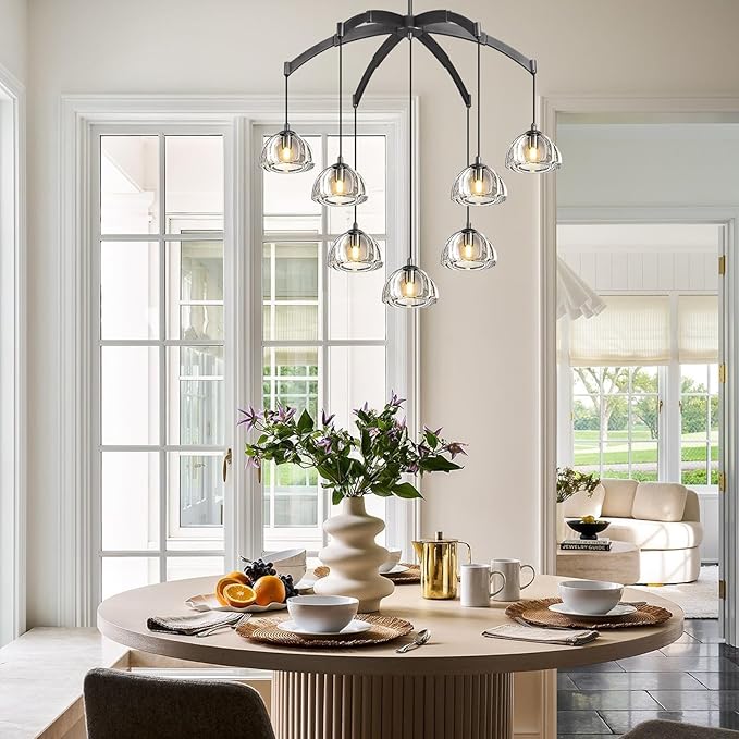 Modern Crystal Chandeliers, Black Round Chandelier for Dining Room, Large Arc Chandelies for Living Room, 7-Light Dining Room Light Fixture 34" Pendant Light Chandelier for Staircase Bedroom