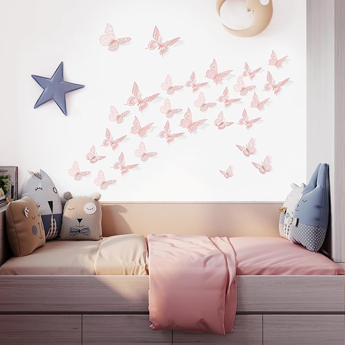 SAOROPEB 3D Butterfly Wall Decor - 48 Pcs, 4 Styles, 3 Sizes - Removable Wall Stickers for Pink Room Decor, Birthday Parties, Cake Decorations