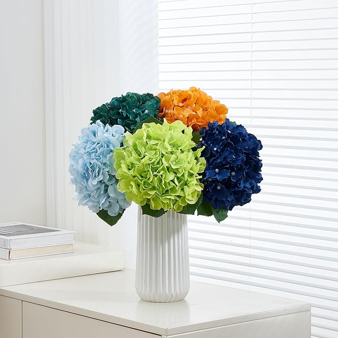 8Pcs Emerald Green Fake Flowers Silk Hydrangea Artificial Flowers Bouquets Faux Hydrangea Stems for Home Table Centerpieces Wedding Party Decoration