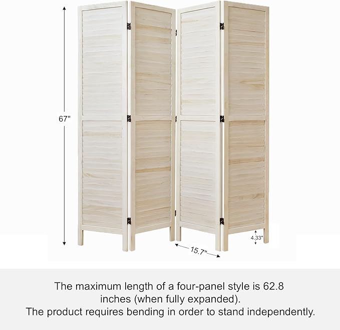White Room Divider, Temporary Wall with Double Hinges, 5.6 Ft Tall Folding Louver Wood Screen for Home Office Bedroom Hotel Decoration (4 Panels, White-Washed)